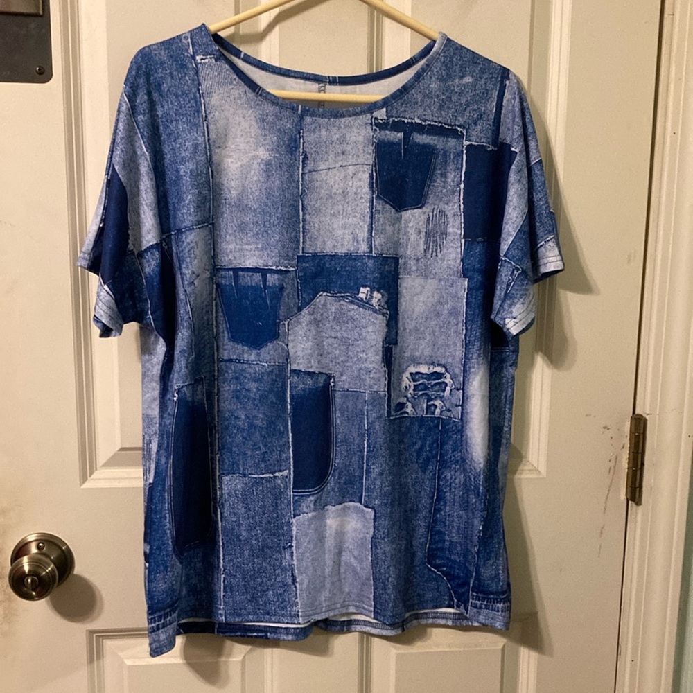 New Denim Jean Print Top, Blouse, Tee Shirt L/XL